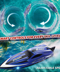 High Speed Remote Control Boat For Kids And Adults Two Point Four Gigahertz Controller with LED Lights performing flips in water.