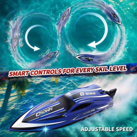 High Speed Remote Control Boat For Kids And Adults Two Point Four Gigahertz Controller with LED Lights performing flips in water.