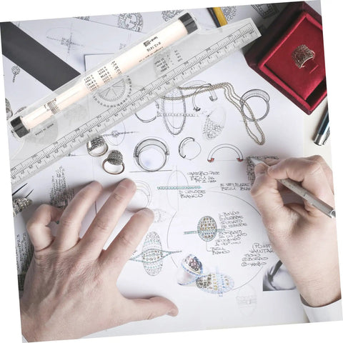 Badass Transparent Rolling Ruler And Drafting Kit For Slick Parallel Lines precise protractor angles in use on jewelry sketches.