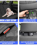 Dog Car Seat Cover For Back Seat 60 40 Split Bench, Waterproof Oxford Fabric, easy installation, shown with dog and setup steps