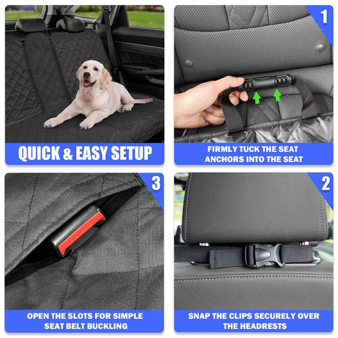 Dog Car Seat Cover For Back Seat 60 40 Split Bench, Waterproof Oxford Fabric, easy installation, shown with dog and setup steps
