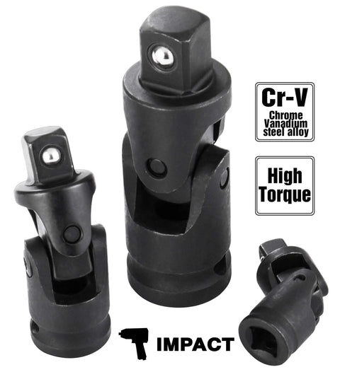 Impact Universal Joint Set, 3-Piece Cr-V, Heavy Duty Chrome Vanadium Steel With Black Phosphate Finish, Locks Onto Drive Tang And Socket
