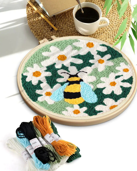 Punch Needle Kits For Adults And Beginner Friendly Diy Embroidery Set With 7.8 Inch Hoop Pattern Fabric, bee and flowers design