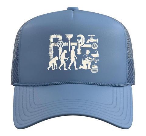 Classic Master Plumber Evolution Graphic Trucker Cap With Adjustable Mesh Back For Blue Collar Bros And Trade Workers Who Want That Legit Shop Floor Swag And Killer Fit Year Round In Light Blue, front view with graphic design.