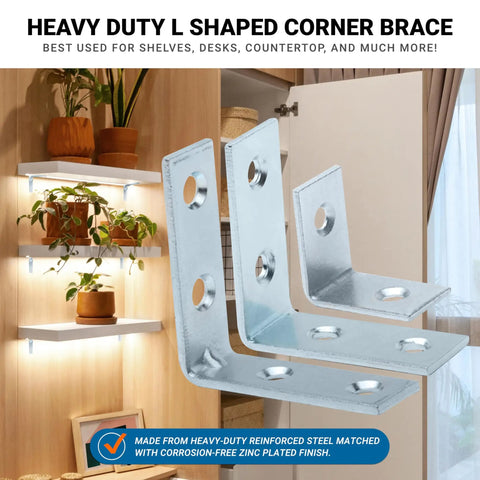 100 Pack Tough As Nails L Shaped Corner Braces 2 Inch 14 Gauge Zinc Coated Steel Angle Brackets For DIY Projects displayed as heavy duty corner braces for shelves.