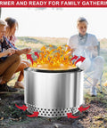 Sturdy 19.5 Inch Fire Pit Stand For Bonfire And Other 19.5 Inch Pits Stainless Steel Base with flames and people around.