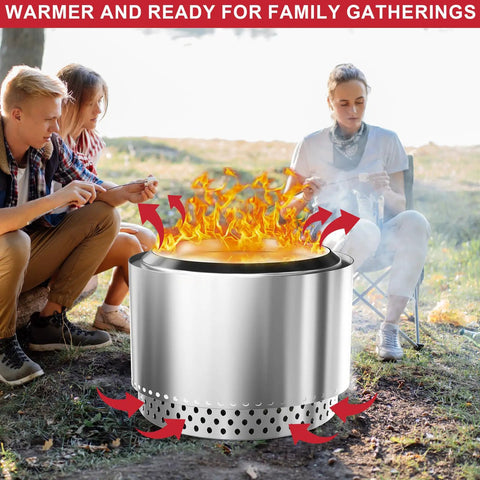 Sturdy 19.5 Inch Fire Pit Stand For Bonfire And Other 19.5 Inch Pits Stainless Steel Base with flames and people around.