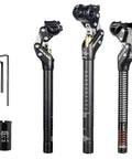 Suspension Seatpost For Mountain Bikes And Ebikes Shock Absorbing Seat Post With Spring Action Comfy Rides Fits 27.2mm 30.9mm And 31.6mm Diameters Universal Fit For MTB Gravel Hybrid And Folding Bikes with tools and internal spring details.