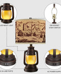 Lantern Table Lamps Set Of 2 With Nightlight And USB Power Outlet, Dark Bronze Finish, linen shade with landscape design.