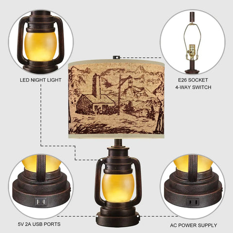 Lantern Table Lamps Set Of 2 With Nightlight And USB Power Outlet, Dark Bronze Finish, linen shade with landscape design.