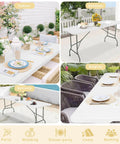 Collage showing Six Foot Folding Table For Indoor And Outdoor Use, set up for dining and activities in various settings.