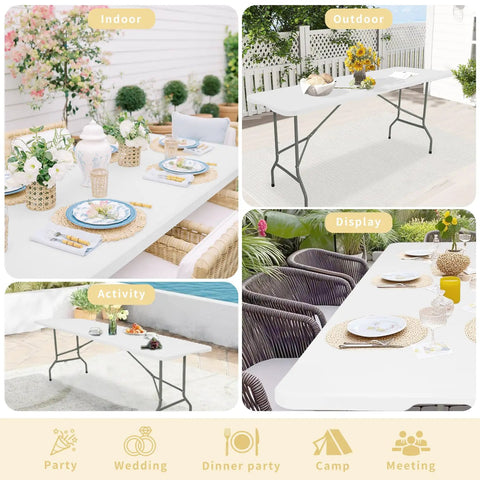 Collage showing Six Foot Folding Table For Indoor And Outdoor Use, set up for dining and activities in various settings.