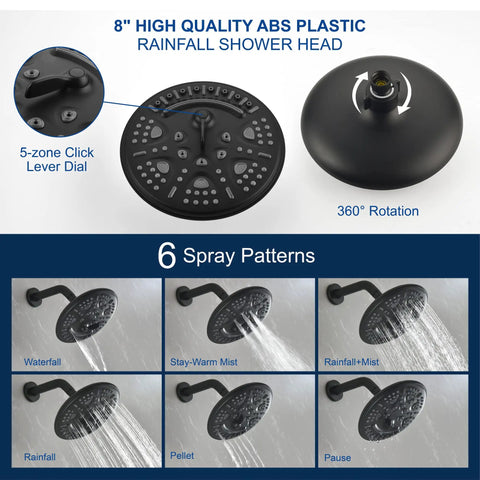 Matte Black Shower System With Anti Scald Valve And 6 Spray Head, Full Shower Faucet Set With Handle shown with 8" ABS head.