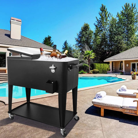 80 Qt Rolling Cooler Cart On Wheels With Large Storage Shelf And Bottle Opener, Portable Beverage Bar for Patio and Pool Parties