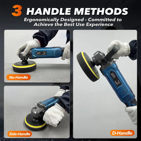 Powerful 1600W Buffer Polisher For Cars showing no-handle, side-handle, and D-handle methods on rotary waxer