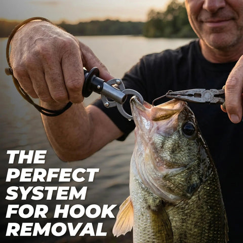 Using Stainless Steel Fish Lip Grip With Ergonomic Handle And Spring Loaded Mechanism for secure fish holding.