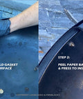 Fireblack hi-temp smoker gasket, self-stick, on round lid; left cleans surface, right backing peeled to install.