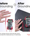 Before and after grounding test with multimeter on grounding mat for wellness 24x16 inch conductive carbon pad with 15 foot cord.