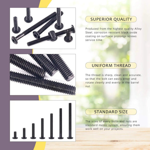 Crib And Furniture Fastener Kit With M6 Hex Socket Cap Screws And Barrel Nuts, 84 Pieces Black Nickel Plated, Includes Allen Wrench