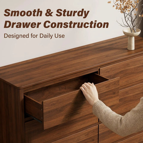 Mid Century Modern Dresser Boasting Eight Spacious Drawers And A Rich Walnut Finish Resting On Robust Wood Legs for daily use drawer access.