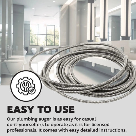 Hand Crank Drain Auger, Quarter Inch Cable, 25 Feet Long For Toilets And 2 Inch Drains, in bathroom setting.