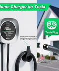 Tesla Level 2 50A EV Charger With NACS Connector Smart App Control Large Display RFID Access 25 Ft Cable 14 50 Plug on wall