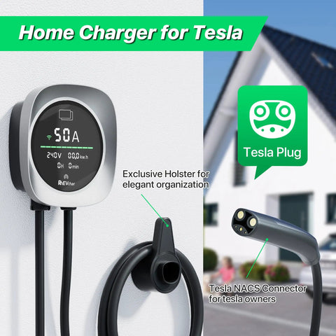 Tesla Level 2 50A EV Charger With NACS Connector Smart App Control Large Display RFID Access 25 Ft Cable 14 50 Plug on wall