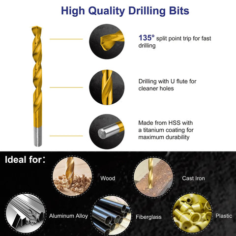 230-Piece Titanium Twist Drill Bit Set With 135 Degree Point, Heavy Duty Pro Grade High Speed Steel Kit From 3/64 Inch To 1/2 Inch For Wood, Cast Iron, Aluminum, Plastic, And Fiberglass, Includes Durable Hard Storage Case