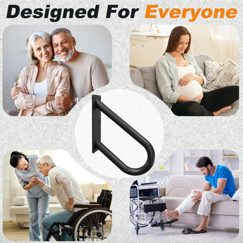 Compact U Shaped Pipe Grab Handle Wall Mount for 1 to 2 Steps, steel, matte black, suitable for diverse users.