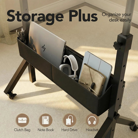 Mobile Rolling Standing Desk With Storage Basket, Height Adjustable From 28.7 To 46.1 Inches, 31.5 By 15.75 Inch Desktop with accessories