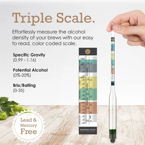 Hand holding a deluxe triple scale hydrometer for home brew with color-coded scale for specific gravity, ABV, and Brix readings.