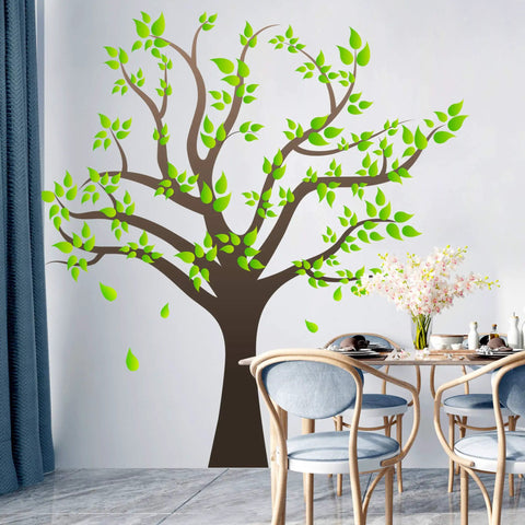 Giant Cartoon Brown Tree Wall Decals Set with Peel and Stick Leaves, ideal for nursery or living room décor, shown on wall.