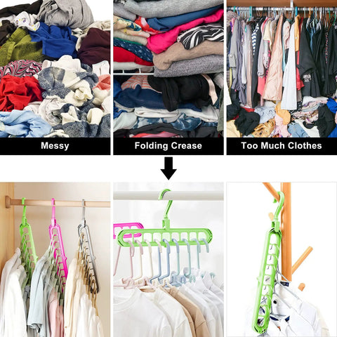 Six Pack Space Saving Closet Hangers in use as heavy duty 9-hole wardrobe organizers for improved closet arrangement.