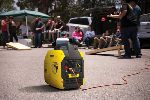 Ultralight 2500-Watt Inverter Generator With Quiet Tech at outdoor event, showcasing portable power features.