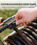 Close-up of a heavy duty garden hose reel cart with flexible hose guide. All-weather metal frame with brass connector for pat