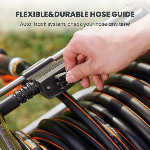 Close-up of a heavy duty garden hose reel cart with flexible hose guide. All-weather metal frame with brass connector for pat