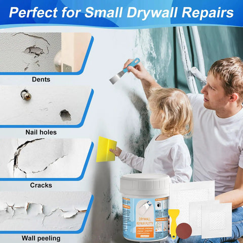 Heavy Duty Drywall Repair Kit With 8.8 Oz White Putty, Scrapers, Sandpaper And Gloves For Easy Patch For Holes And Cracks In Home Walls