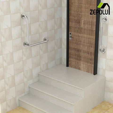 Brushed Nickel L Shaped Grab Bar 16 Inch Rock Solid Wall Mount Safety Handle on tiled wall by steps for bathroom safety.