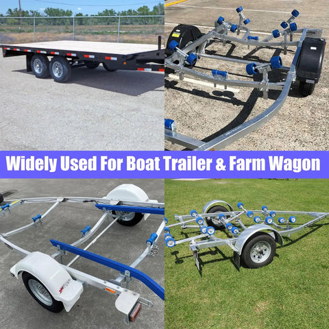 Image of various trailers including flatbed and boat trailers, showcasing their use for hauling and transport purposes.