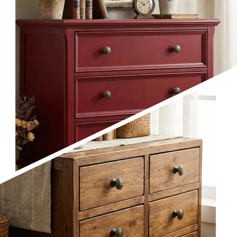 Antique Brass Cabinet Knobs Set, 6 Pack Round Drawer Knobs on red and wood dressers, enhancing wardrobe and closet doors