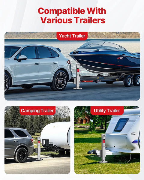 Front view of 8000 lb heavy-duty trailer jack installed under an RV trailer; 28.6 inch lift, cordless drill compatible.