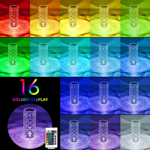 Crystal RGB Color Changing Table Lamp With Rose Diamond Design, 16 color options, remote control displayed in vibrant hues