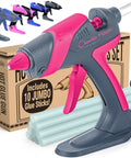 Real Deal Full Size Corded Hot Glue Gun Bundle With Stable Self Standing Base And 10 Heavy Duty Glue Sticks Made For Daily Crafts Or Weekend Warrior Diy Tasks Pink Grey 60W in close-up view, showcasing nozzle and handle.