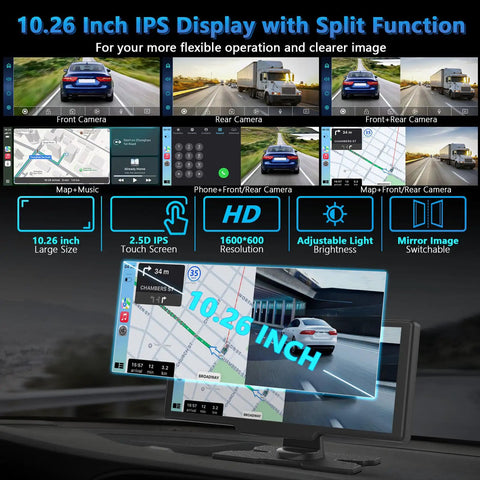 Display of Wireless CarPlay Dash Cam Tablet 10.26 Inch With 4K Front Cam And 1080P Rear View Backup Cam Bluetooth 5.0 FM