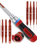Ratcheting Screwdriver Set With Magnetic Tips 19 In 1 All In One Portable Handy Multi Tool For DIY And Home Improvement Includes Phillips Torx Star Hex And Square Bits For Quick Easy Repairs, showcasing screwdriver with red accents and multiple bits.