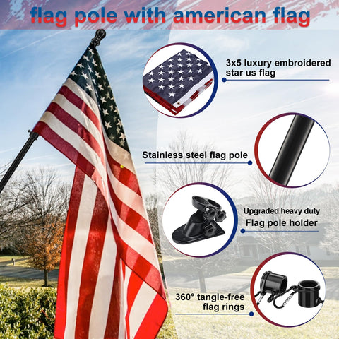 Heavy Duty 5 Ft Stainless Steel Flag Pole Kit With No Tangle 360 Degree Rotation Windproof Outdoor Flag Holder Embroidered 3x5 US Flag