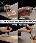 Heavy Duty 1/8 Inch Flexible Shaft Grinding Attachment For Wood Lathes, showing various tasks like carving and sanding.