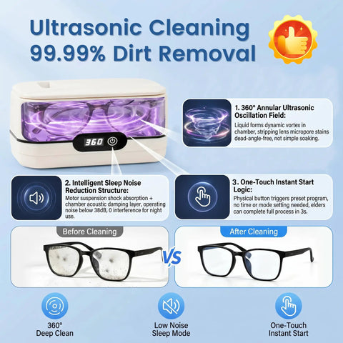Pro Grade 45khz Ultrasonic Jewelry Cleaner That Cleans As A Whistle With Five Smart Timers And Auto Shutoff Big 400ml Stainless Steel Tub with cleaning glasses before and after.