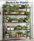 Heavy Gauge Five Tier Carbon Steel Shelving Rack With Reinforced Mesh Panels And Self Leveling Feet holding potted plants and herbs
