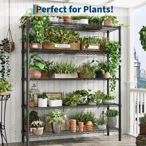 Heavy Gauge Five Tier Carbon Steel Shelving Rack With Reinforced Mesh Panels And Self Leveling Feet holding potted plants and herbs